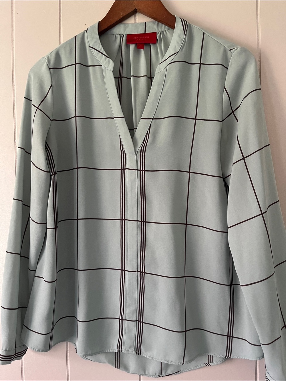 Ellen Tracy Light Mint Grid V-Neck Blouse